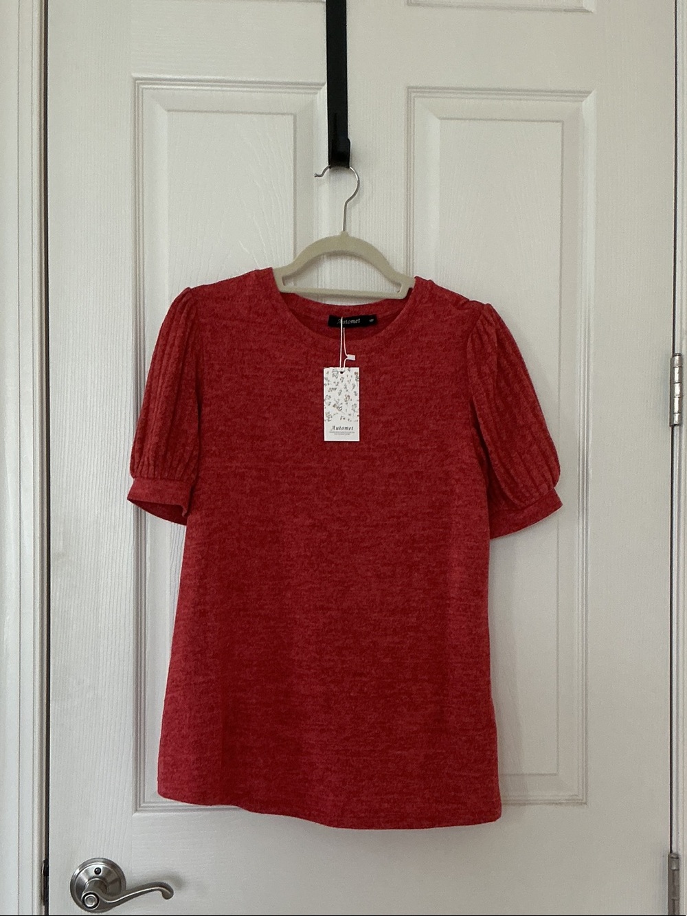 Red Puff-Sleeve Knit Tee - Casual Feminine Top